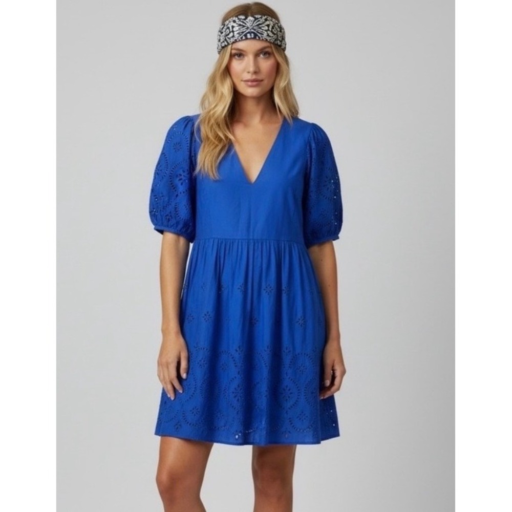 Old Navy Royal Blue Eyelet Cotton Puff Sleeve Mini Dress Size Small Cottagecore